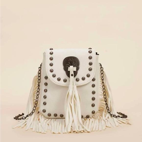 Handbags - Beige Mini Tassel and Studded Chain Crossbody Bag